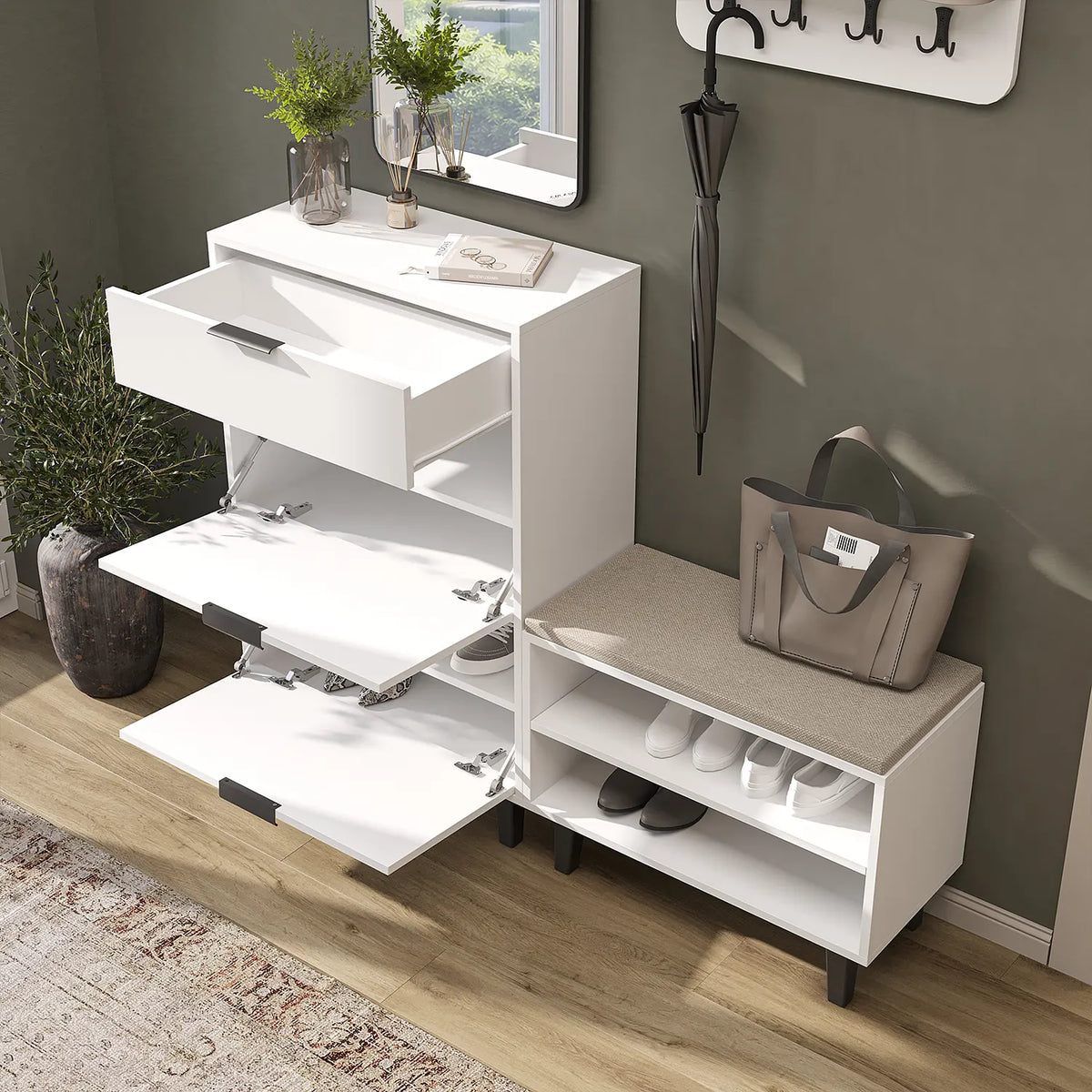 Roomart 4-teiliges Garderobenset NORD, mit Schuhschrank, Sitzbank, Wandgarderobe und Spiegel, in 2 Farben