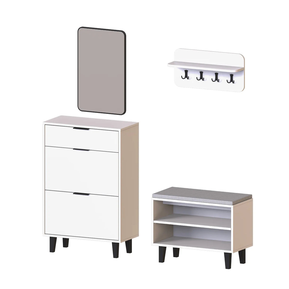 Roomart 4-teiliges Garderobenset NORD, mit Schuhschrank, Sitzbank, Wandgarderobe und Spiegel, in 2 Farben