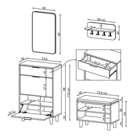 Technische Zeichnung Garderobenset NORD: Schuhschrank 73,6 x 35 x 112 cm, Sitzbank 73,6 x 35 x 53 cm, Wandgarderobe 60 x 30 cm, Spiegel 50 x 80 cm