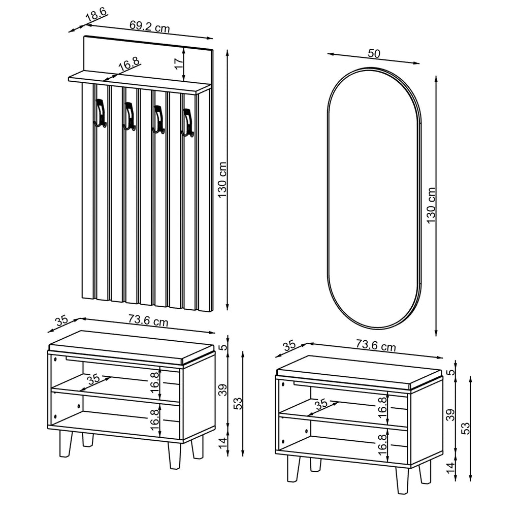 Technische Zeichnung Garderobenset NORD: Sitzbank 73,6 x 35 x 53 cm, Garderobenpaneel 69,2 x 18,6 x 130 cm, ovaler Spiegel 50 x 130 cm