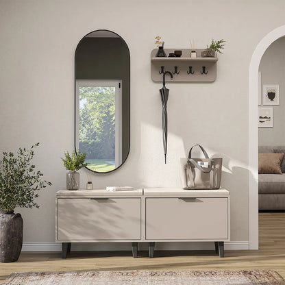 Roomart 4-teiliges Garderobenset NORD, mit 2 Sitzbänken mit Schuhklappe, Wandgarderobe und ovalem Spiegel, in 2 Farben