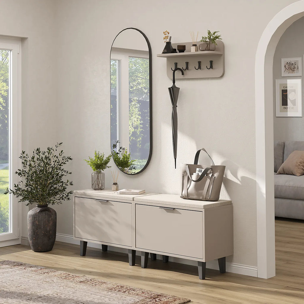 Roomart 4-teiliges Garderobenset NORD in Beige mit 2 Sitzbänken mit Schuhklappe, Wandgarderobe und ovalem Spiegel im Flur