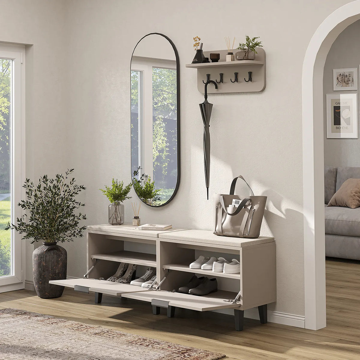 Roomart 4-teiliges Garderobenset NORD, mit 2 Sitzbänken mit Schuhklappe, Wandgarderobe und ovalem Spiegel, in 2 Farben