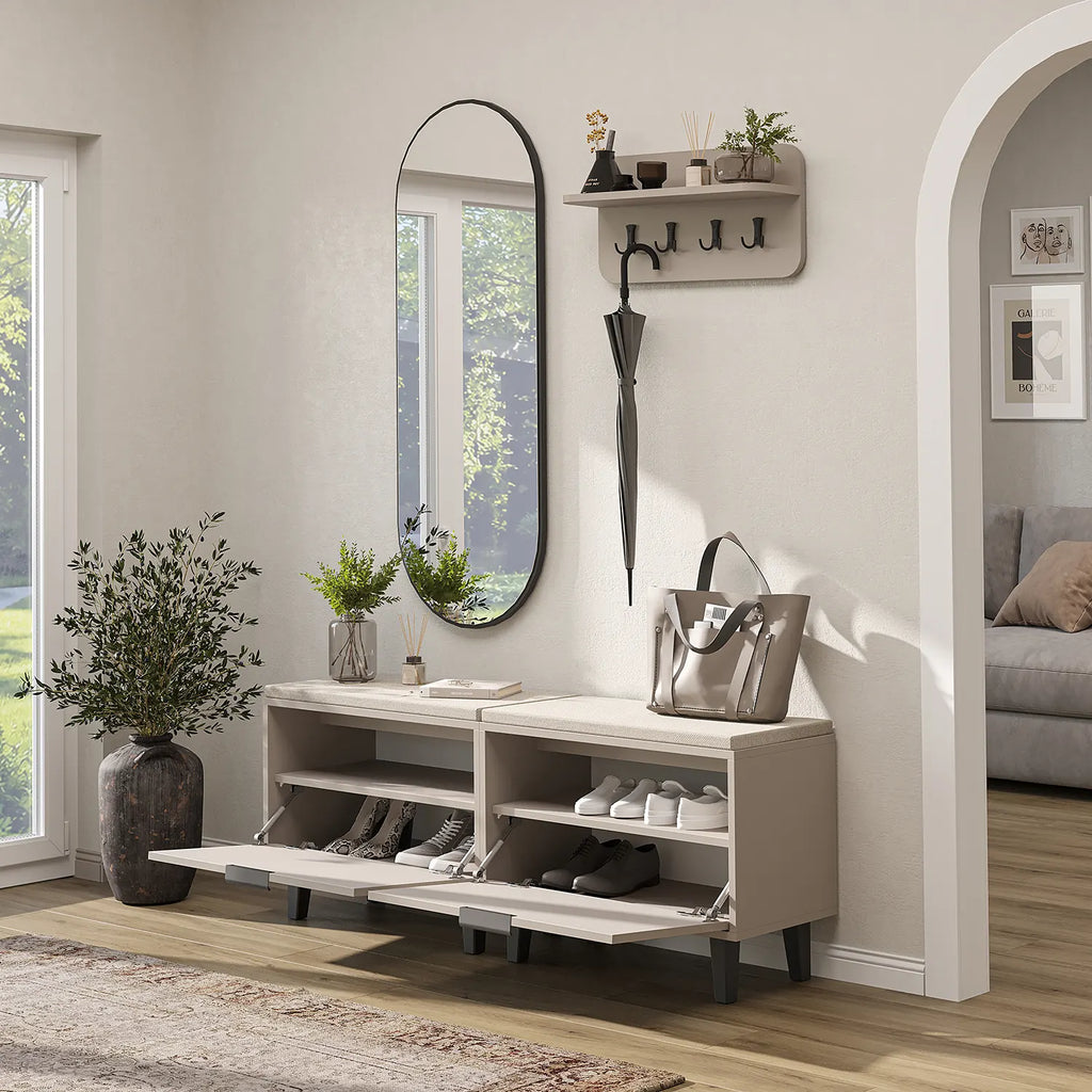 Roomart 4-teiliges Garderobenset NORD, mit 2 Sitzbänken mit Schuhklappe, Wandgarderobe und ovalem Spiegel, in 2 Farben