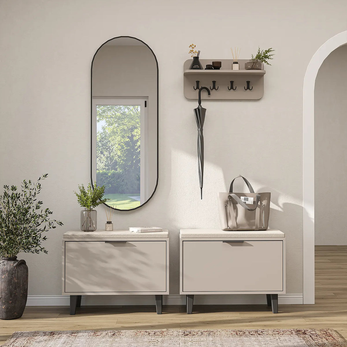 Roomart 4-teiliges Garderobenset NORD, mit 2 Sitzbänken mit Schuhklappe, Wandgarderobe und ovalem Spiegel, in 2 Farben