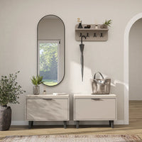 Roomart 4-teiliges Garderobenset NORD, mit 2 Sitzbänken mit Schuhklappe, Wandgarderobe und ovalem Spiegel, in 2 Farben