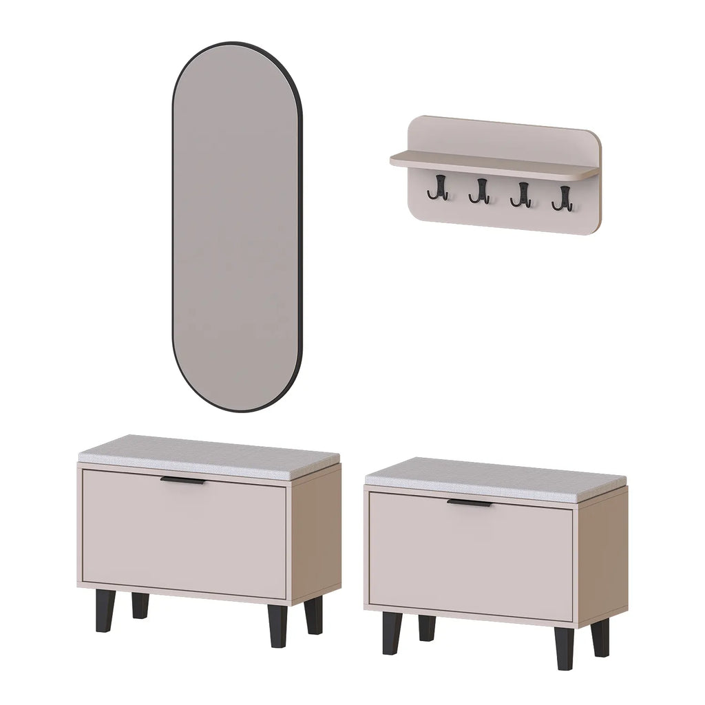 Roomart 4-teiliges Garderobenset NORD, mit 2 Sitzbänken mit Schuhklappe, Wandgarderobe und ovalem Spiegel, in 2 Farben