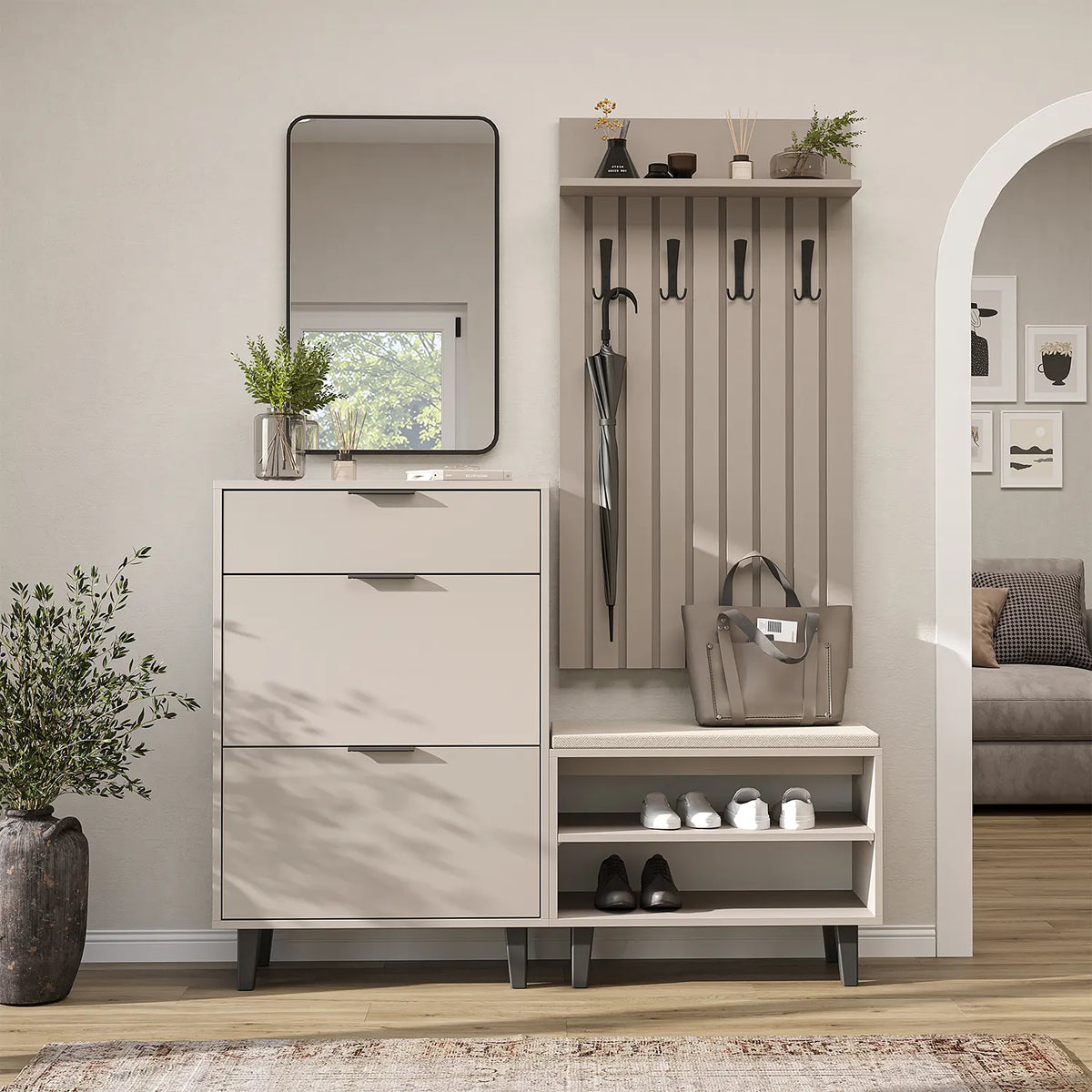 Roomart 4-teiliges Garderobenset NORD in Beige mit Schuhschrank, Sitzbank, Garderobenpaneel und Spiegel im Flur