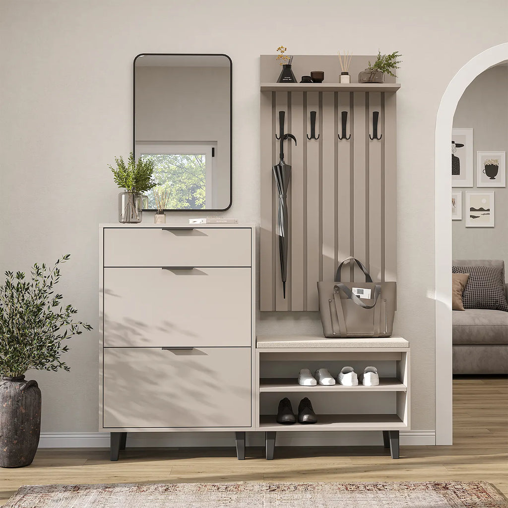 Roomart 4-teiliges Garderobenset NORD in Beige mit Schuhschrank, Sitzbank, Garderobenpaneel und Spiegel im Flur