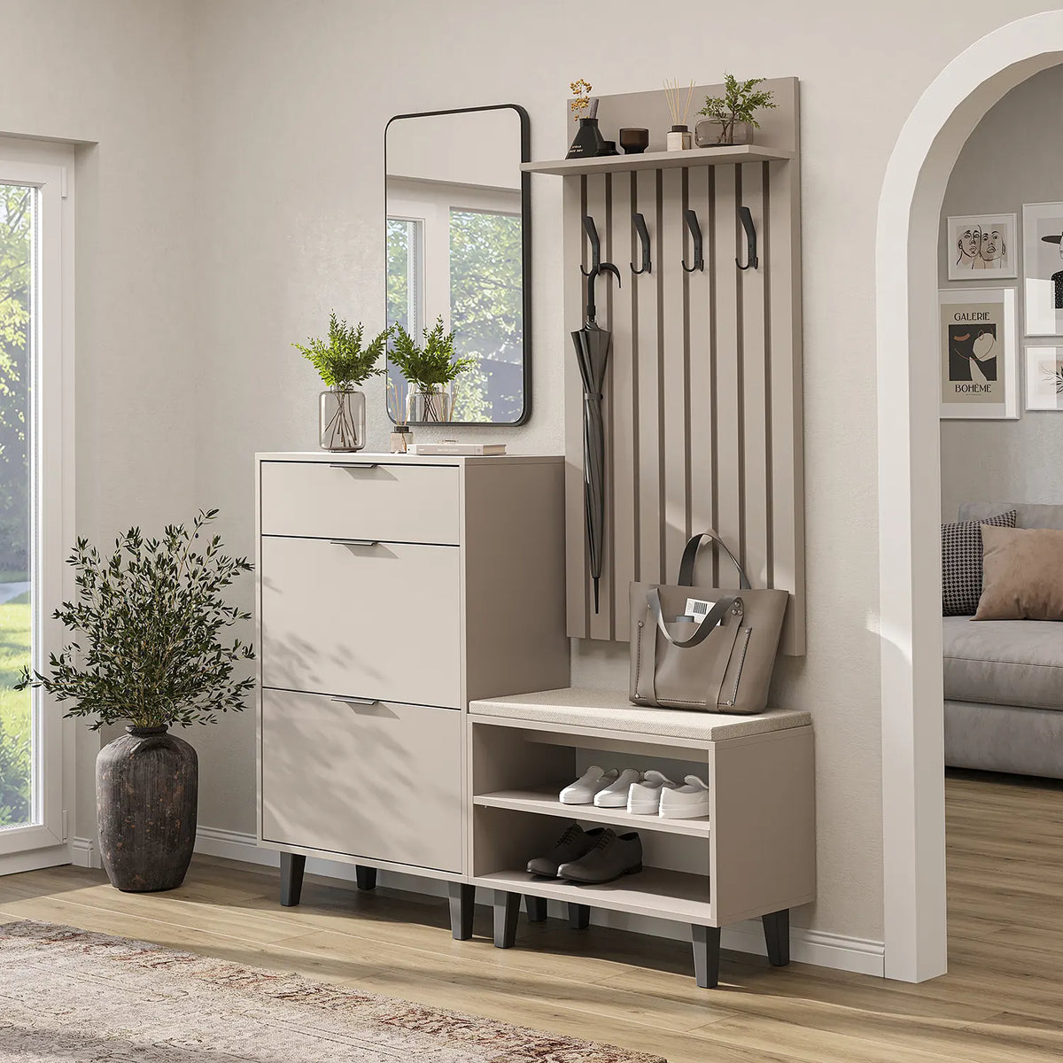 Roomart 4-teiliges Garderobenset NORD in Beige mit Schuhschrank, Sitzbank, Garderobenpaneel und Spiegel im Flur