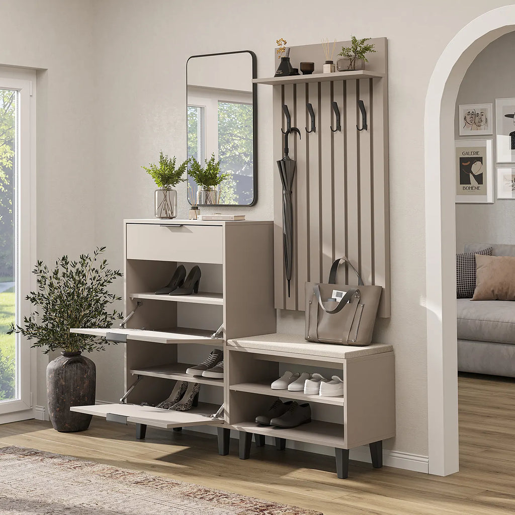 Roomart 4-teiliges Garderobenset NORD, mit Schuhschrank, Sitzbank, Garderobenpaneel 130 cm und Spiegel, in 2 Farben