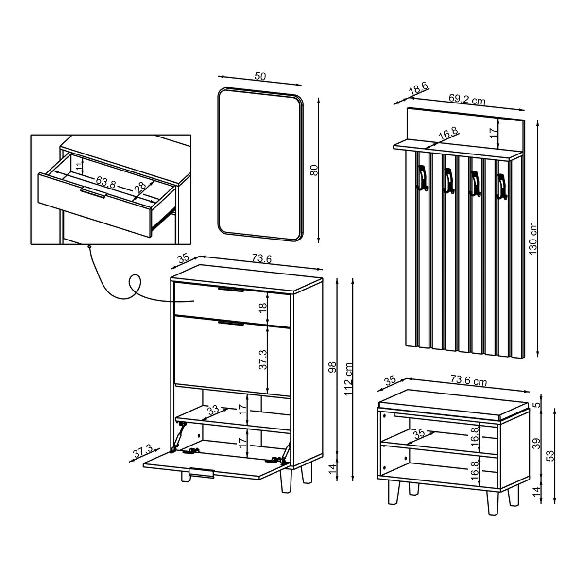 Technische Zeichnung Garderobenset NORD: Schuhschrank 73,6 x 35 x 112 cm, Sitzbank 73,6 x 35 x 53 cm, Garderobenpaneel 69,2 x 18,6 x 130 cm, Spiegel 50 x 80 cm