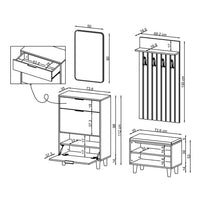 Technische Zeichnung Garderobenset NORD: Schuhschrank 73,6 x 35 x 112 cm, Sitzbank 73,6 x 35 x 53 cm, Garderobenpaneel 69,2 x 18,6 x 130 cm, Spiegel 50 x 80 cm