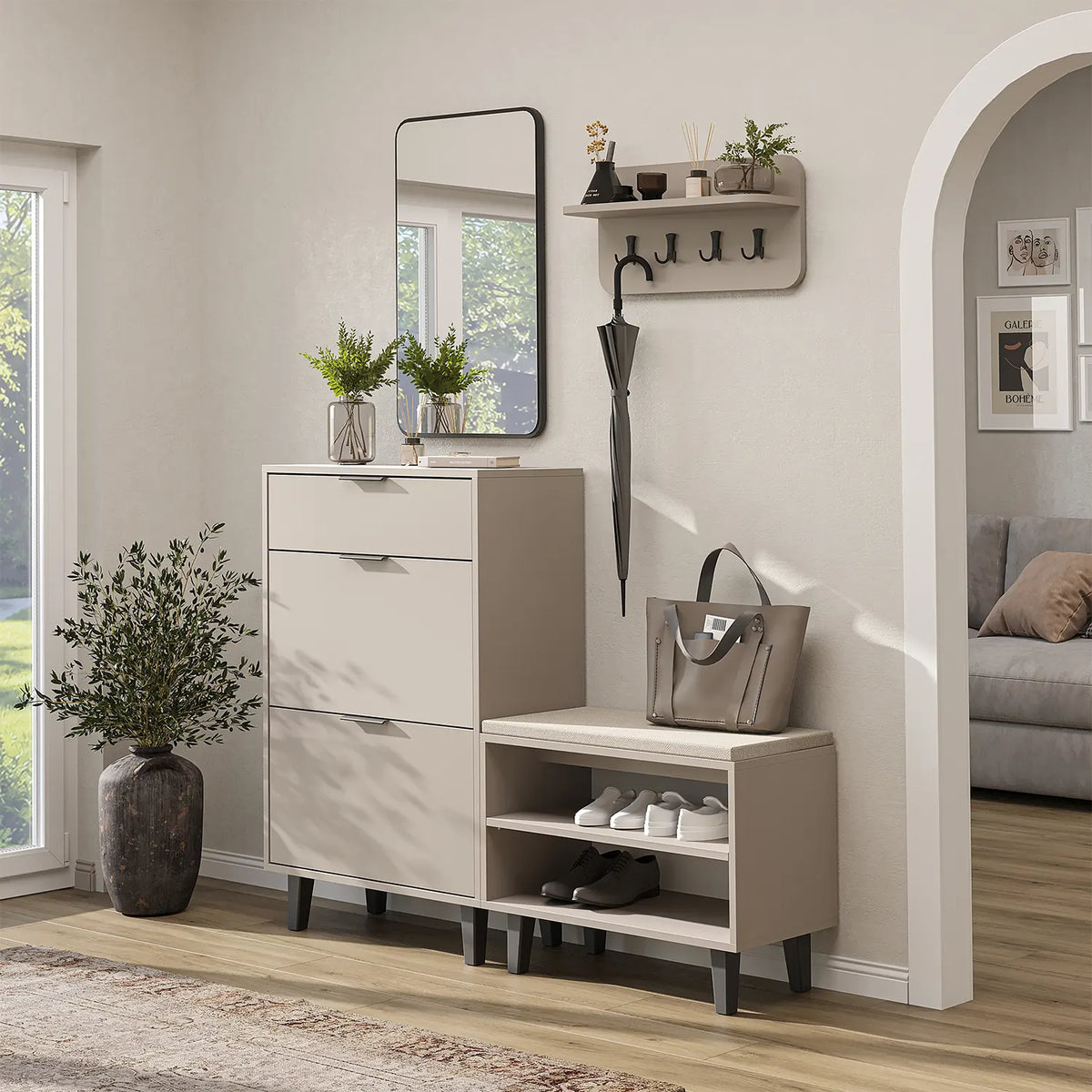 Roomart 4-teiliges Garderobenset NORD in Beige mit Schuhschrank, Sitzbank, Wandgarderobe und Spiegel im Flur