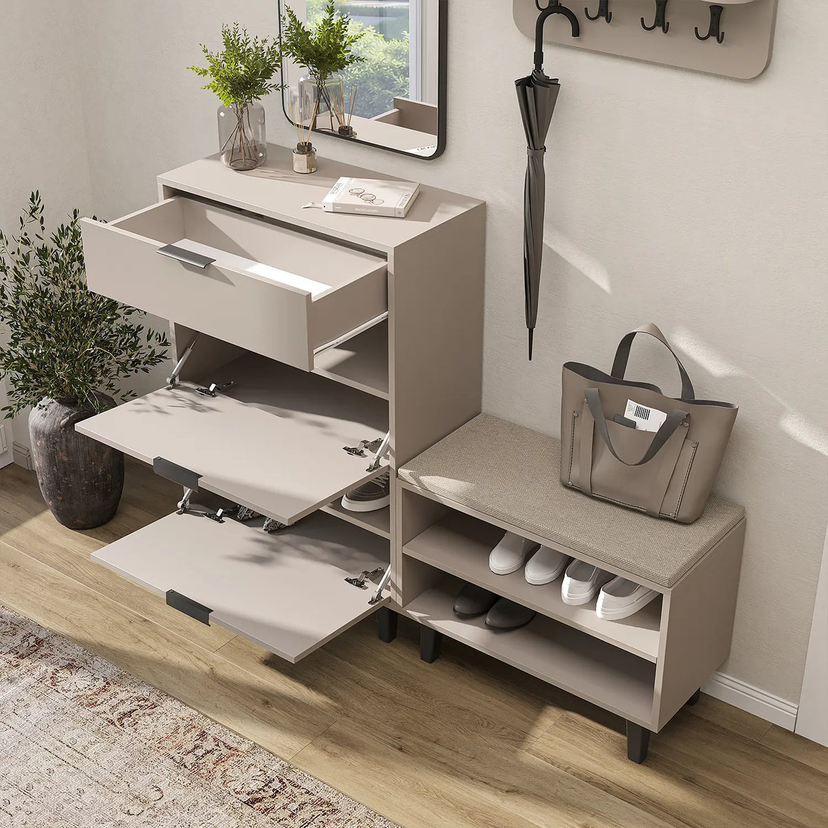 Roomart 4-teiliges Garderobenset NORD, mit Schuhschrank, Sitzbank, Wandgarderobe und Spiegel, in 2 Farben