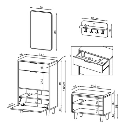 Technische Zeichnung Garderobenset NORD: Schuhschrank 73,6 x 35 x 112 cm, Sitzbank 73,6 x 35 x 53 cm, Wandgarderobe 60 x 30 cm, Spiegel 50 x 80 cm