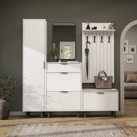 Roomart Garderobenset NORD in Weiß mit Hochschrank, Schuhschrank, Sitzbank, Garderobenpaneel und Spiegel im Flur