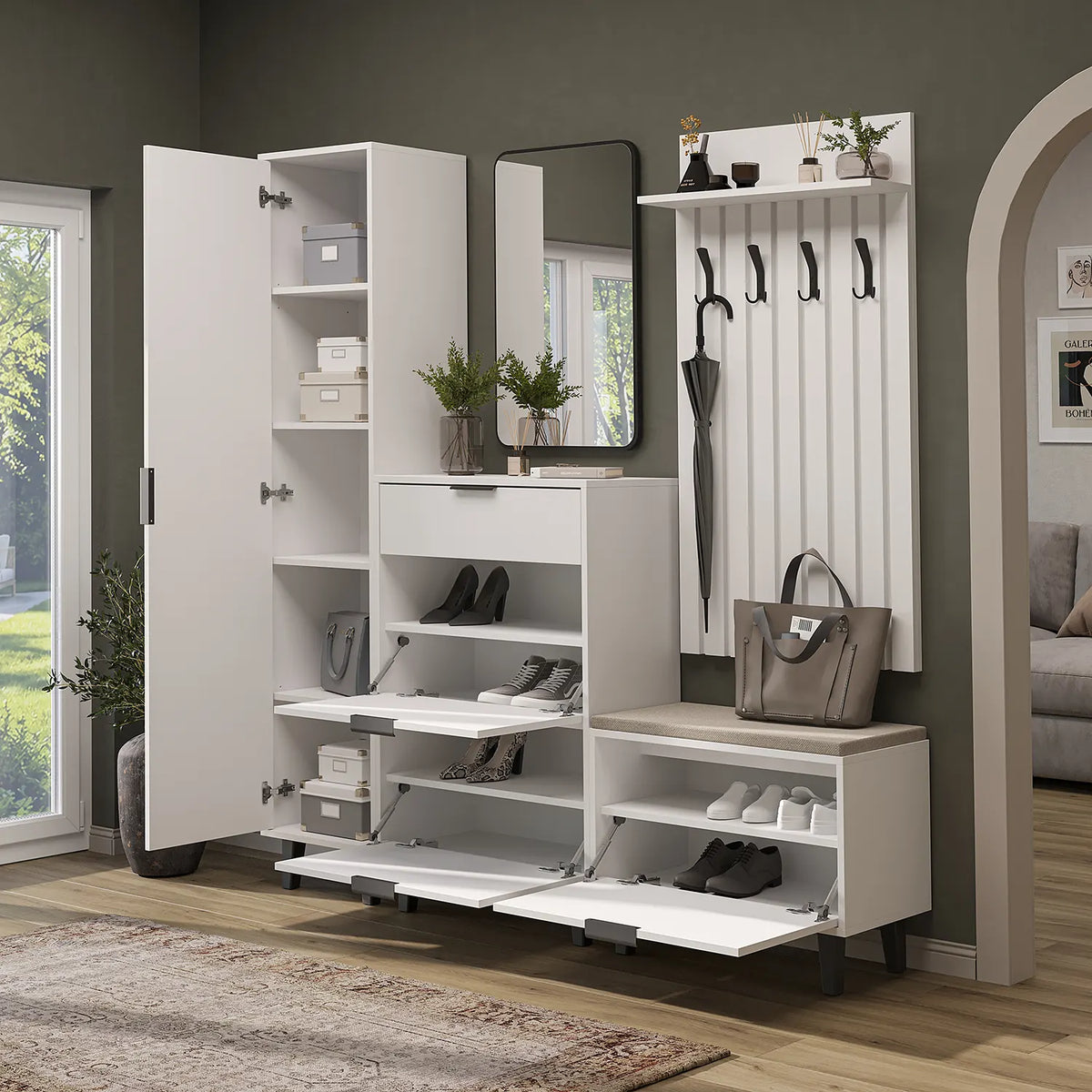 Garderobenset NORD in Beige, Flurgarderobe mit Sitzbank und Spiegel