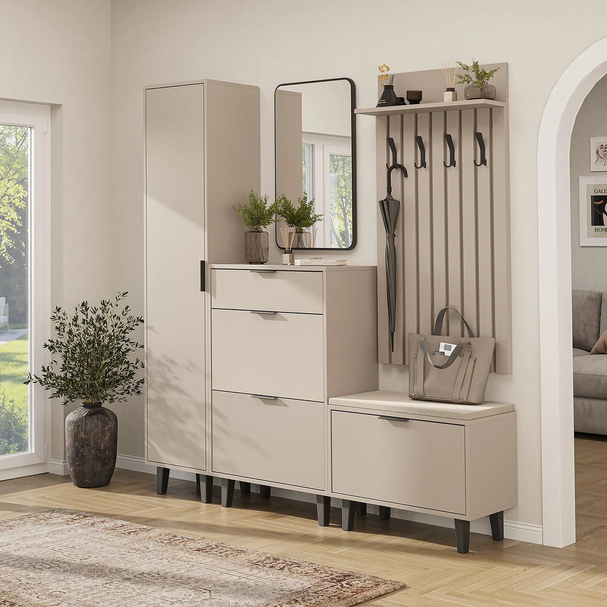 Roomart 5-teiliges Garderobenset NORD, mit Hochschrank, Schuhschrank, Sitzbank, Garderobenpaneel und Spiegel, in 2 Farben