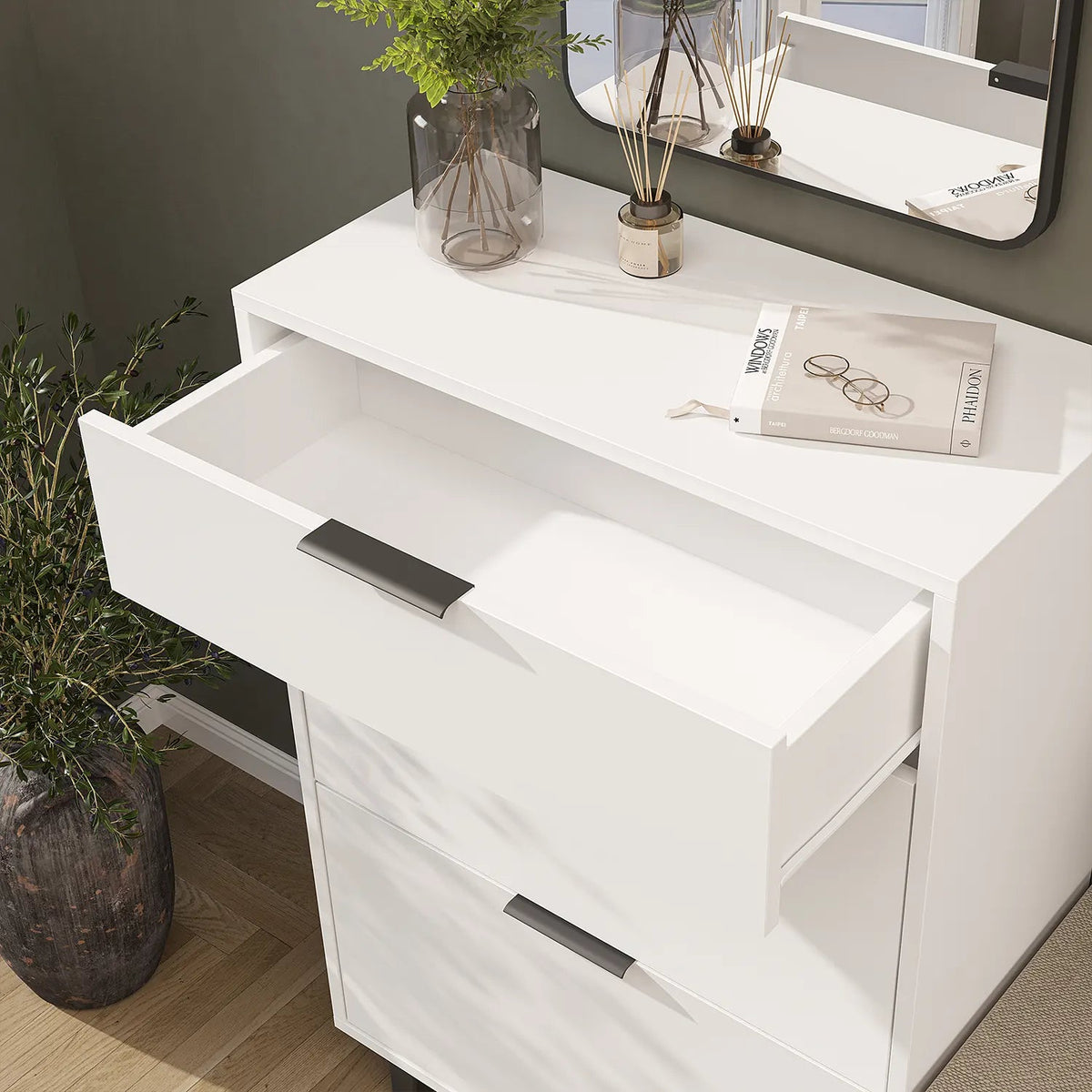 Roomart 4-teiliges Garderobenset NORD, mit Schuhschrank, Sitzbank mit Schuhklappe, Garderobenpaneel 130 cm und Spiegel, in 2 Farben