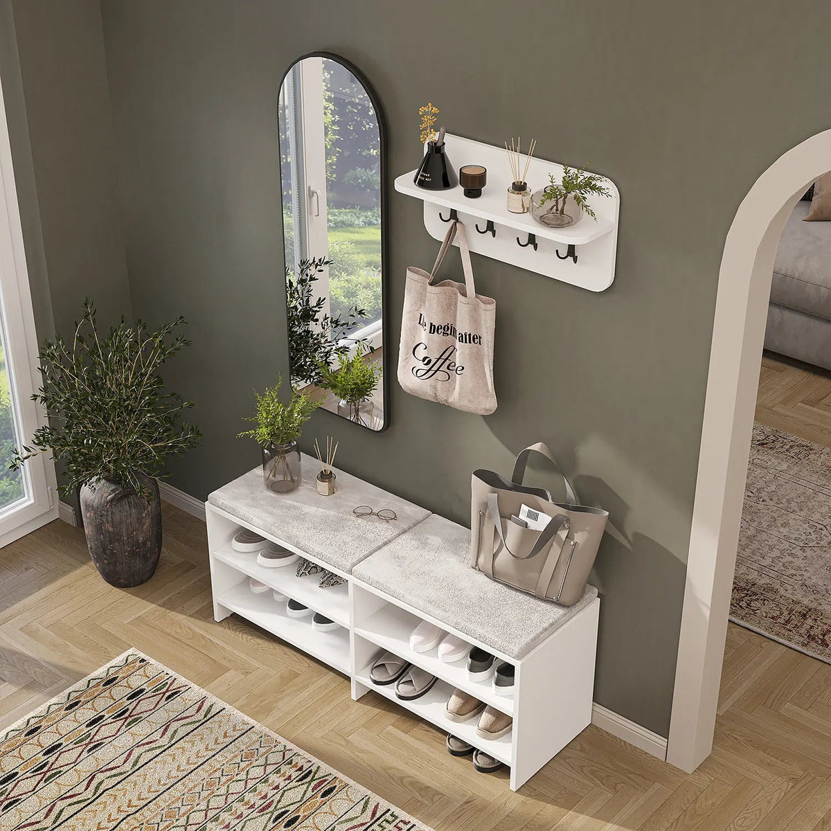 Roomart 3-teiliges Garderobenset LENA, mit Sitzbank 120 cm, Wandgarderobe und Bogenspiegel, in 2 Farben