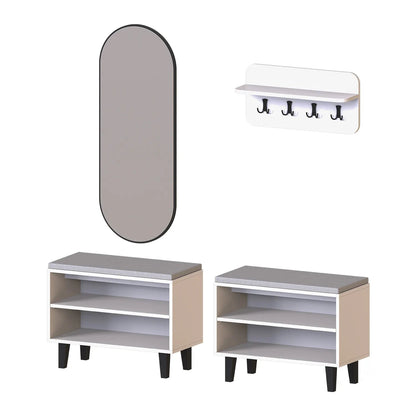 Roomart 4-teiliges Garderobenset NORD, mit 2 offenen Sitzbänken, Wandgarderobe und ovalem Spiegel, in 2 Farben