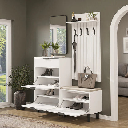Roomart 4-teiliges Garderobenset NORD, mit Schuhschrank, Sitzbank mit Schuhklappe, Garderobenpaneel 130 cm und Spiegel, in 2 Farben