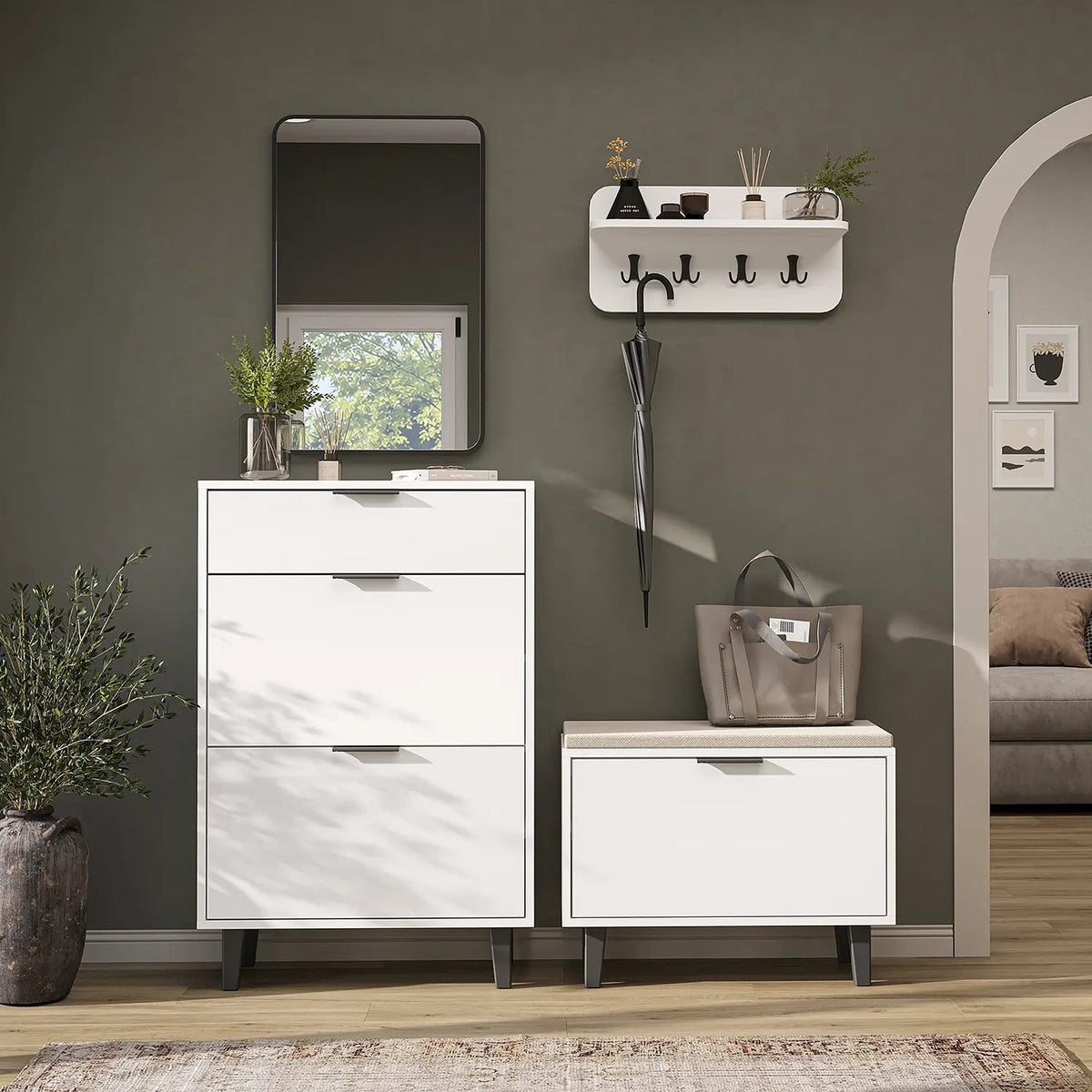 Roomart 4-teiliges Garderobenset NORD, mit Schuhschrank, Sitzbank mit Schuhklappe, Wandgarderobe und Spiegel, in 2 Farben