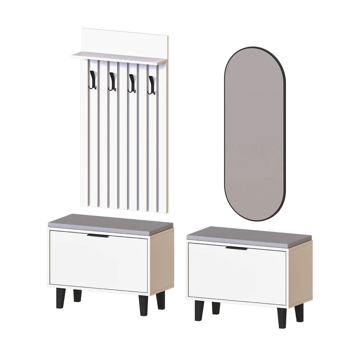 Roomart 4-teiliges Garderobenset NORD, mit 2 Sitzbänken mit Schuhklappe, Garderobenpaneel 130 cm und ovalem Spiegel, in 2 Farben