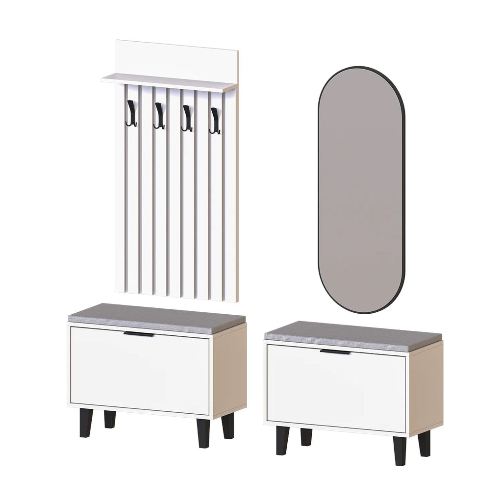 Roomart 4-teiliges Garderobenset NORD, mit 2 Sitzbänken mit Schuhklappe, Garderobenpaneel 130 cm und ovalem Spiegel, in 2 Farben