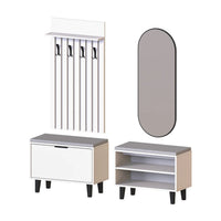Roomart 4-teiliges Garderobenset NORD, mit 2 Sitzbänken (offen und mit Schuhklappe), Garderobenpaneel 130 cm und ovalem Spiegel, in 2 Farben