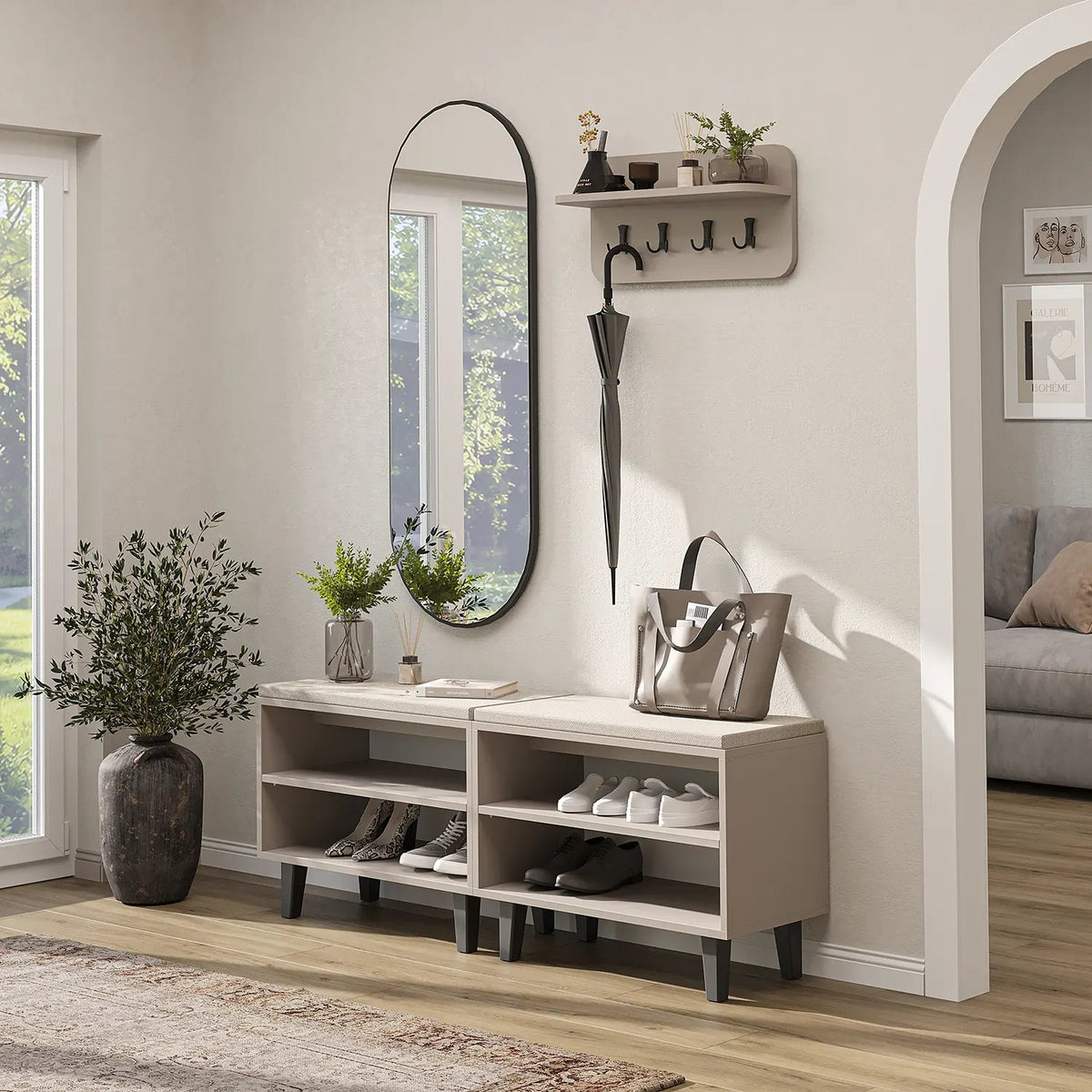 Roomart 4-teiliges Garderobenset NORD, mit 2 offenen Sitzbänken, Wandgarderobe und ovalem Spiegel, in 2 Farben
