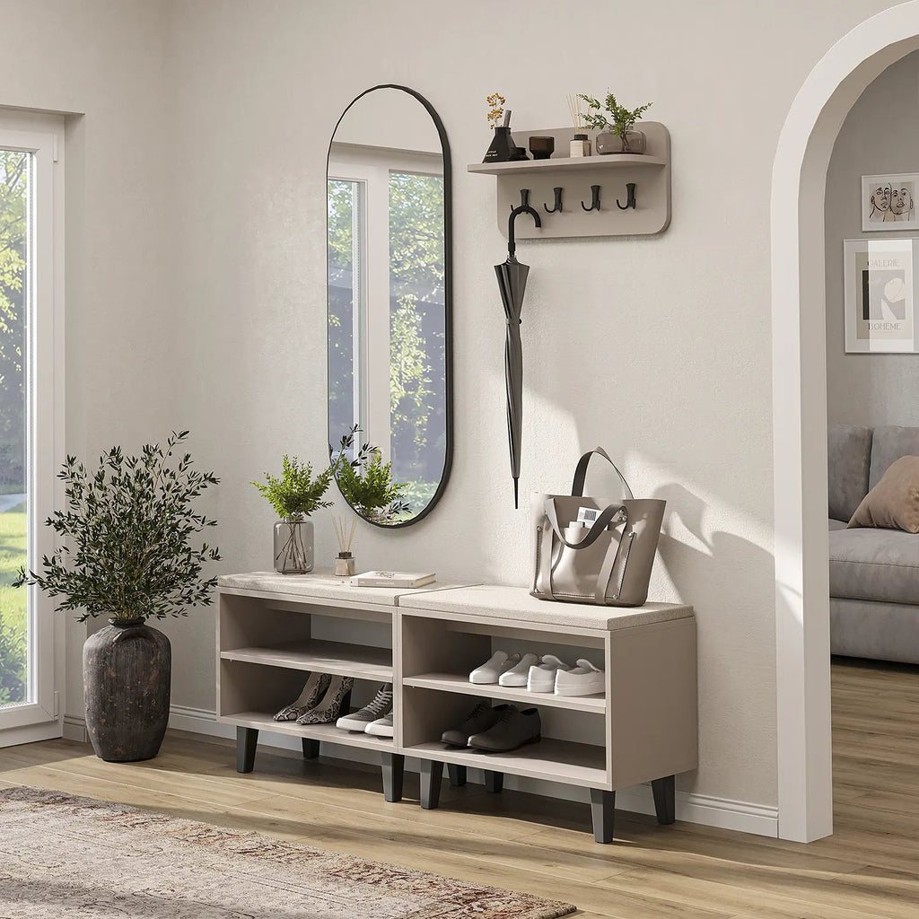 Roomart 4-teiliges Garderobenset NORD, mit 2 offenen Sitzbänken, Wandgarderobe und ovalem Spiegel, in 2 Farben