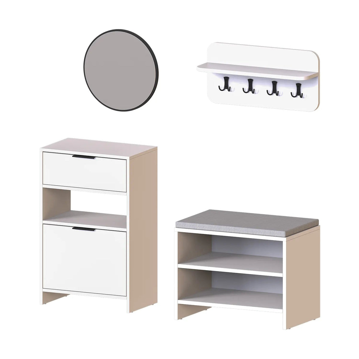 Roomart 4-teiliges Garderobenset LENA, mit Schuhschrank, Sitzbank, Wandgarderobe und rundem Spiegel, in 2 Farben