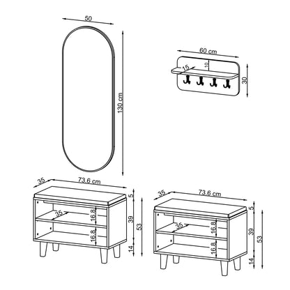 Roomart 4-teiliges Garderobenset NORD, mit 2 offenen Sitzbänken, Wandgarderobe und ovalem Spiegel, in 2 Farben