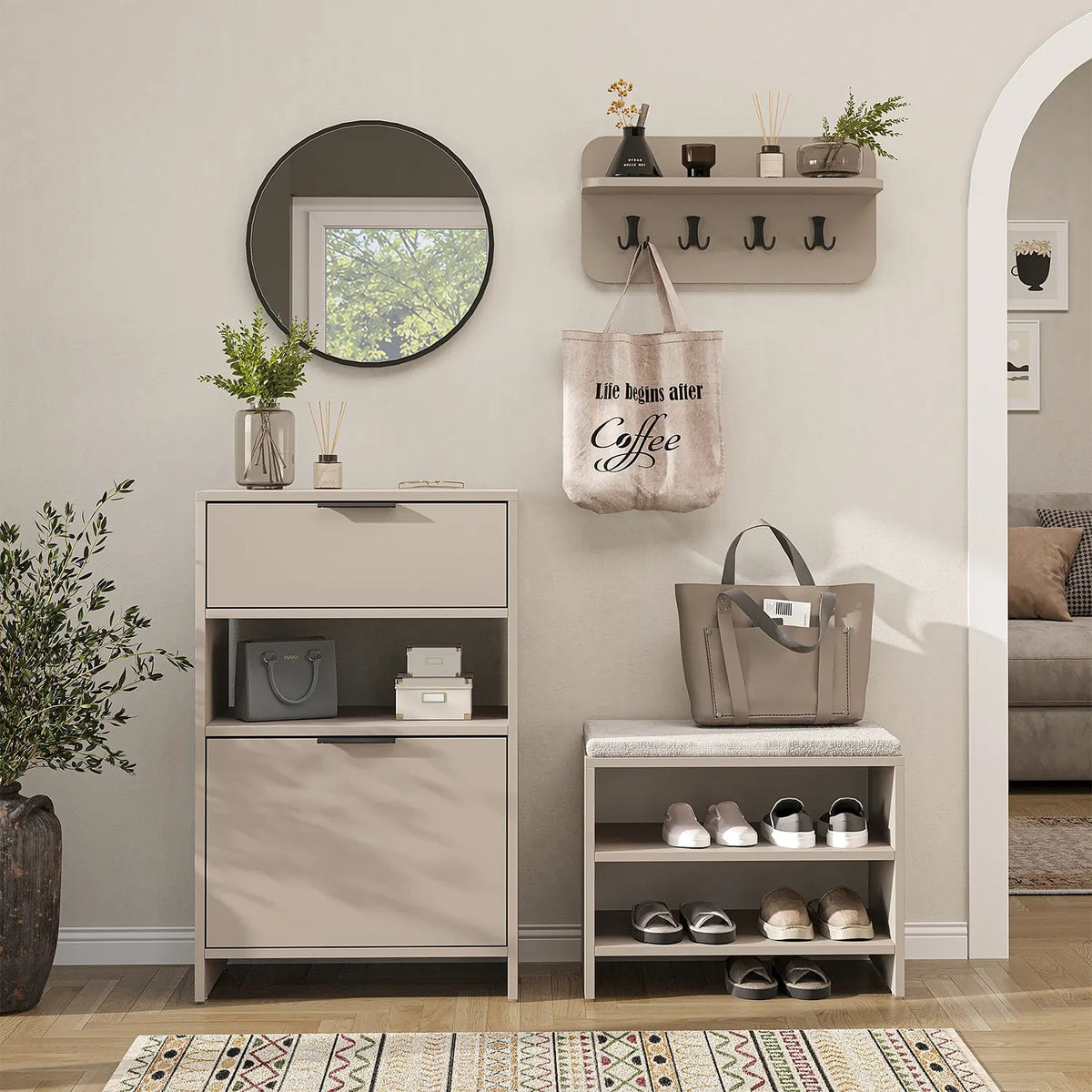 Garderobenset LENA in Beige mit Schuhschrank, Sitzbank und rundem Spiegel