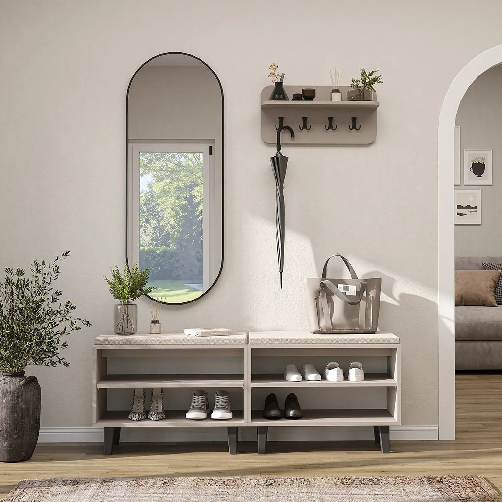 Roomart 4-teiliges Garderobenset NORD, mit 2 offenen Sitzbänken, Wandgarderobe und ovalem Spiegel, in 2 Farben