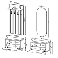 Technische Zeichnung Garderobenset NORD: 2 Sitzbänke je 73,6 x 35 x 53 cm, Garderobenpaneel 69,2 x 18,6 x 130 cm, ovaler Spiegel 50 x 130 cm