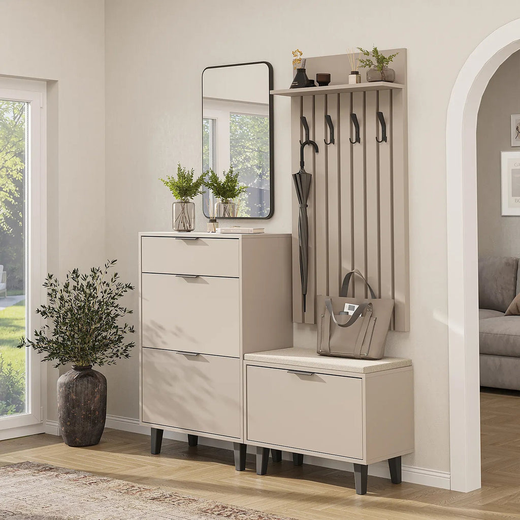Roomart 4-teiliges Garderobenset NORD, mit Schuhschrank, Sitzbank mit Schuhklappe, Garderobenpaneel 130 cm und Spiegel, in 2 Farben