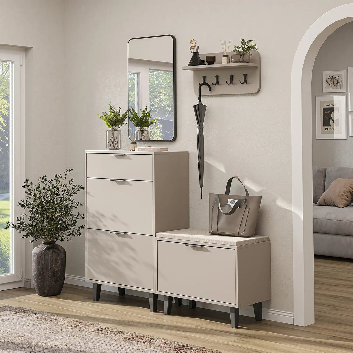 Roomart 4-teiliges Garderobenset NORD, mit Schuhschrank, Sitzbank mit Schuhklappe, Wandgarderobe und Spiegel, in 2 Farben