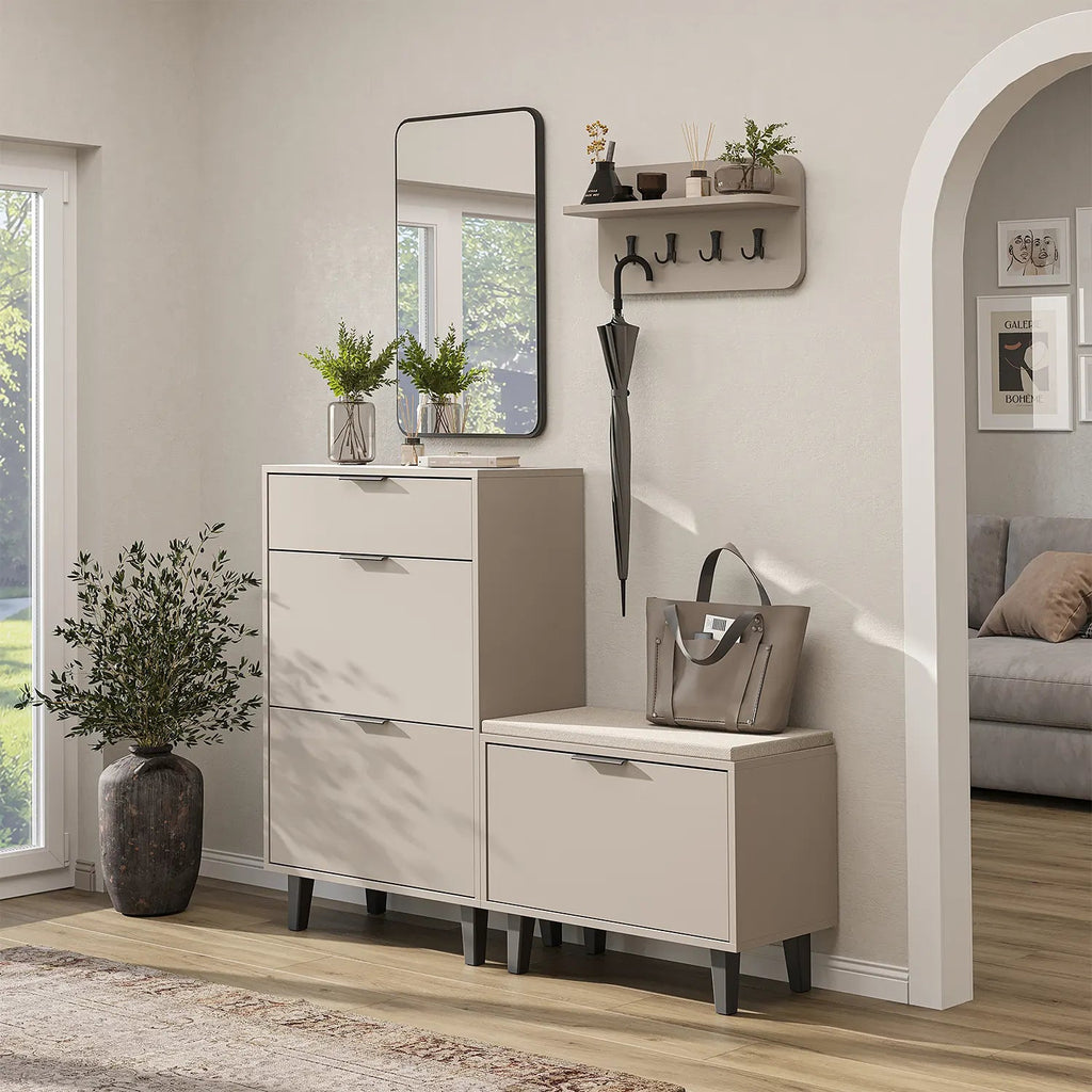 Roomart 4-teiliges Garderobenset NORD, mit Schuhschrank, Sitzbank mit Schuhklappe, Wandgarderobe und Spiegel, in 2 Farben