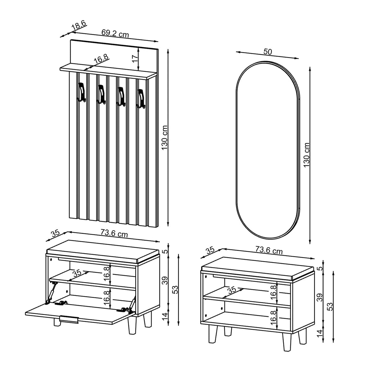 Roomart 4-teiliges Garderobenset NORD, mit 2 Sitzbänken (offen und mit Schuhklappe), Garderobenpaneel 130 cm und ovalem Spiegel, in 2 Farben
