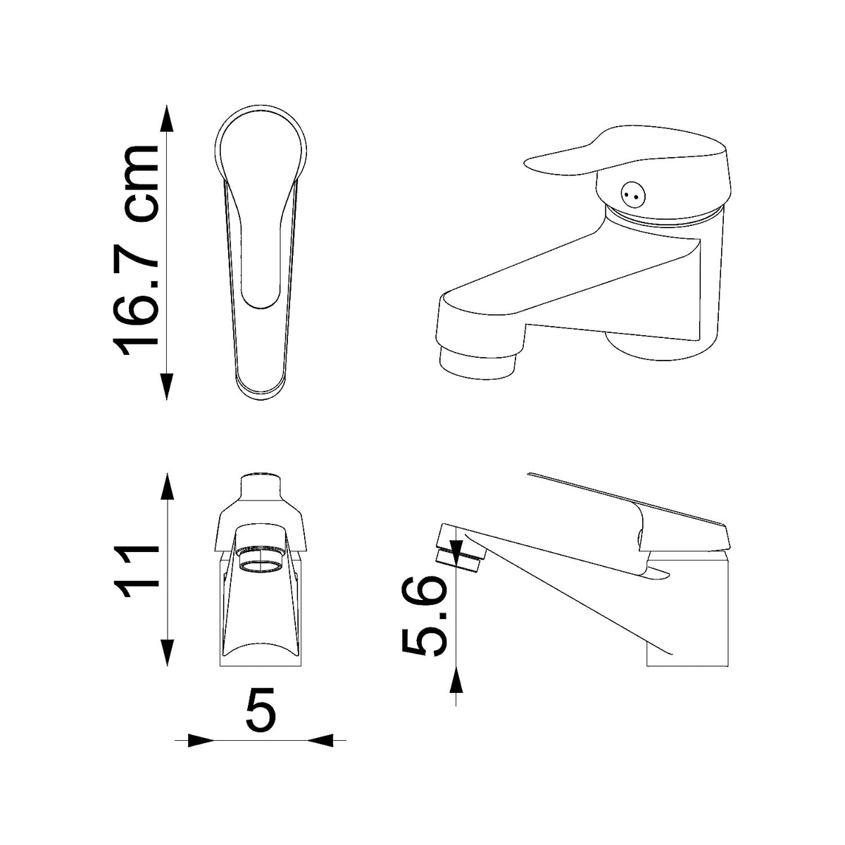Maßzeichnung Waschtischarmatur, Gesamthöhe ca. 16,7 cm