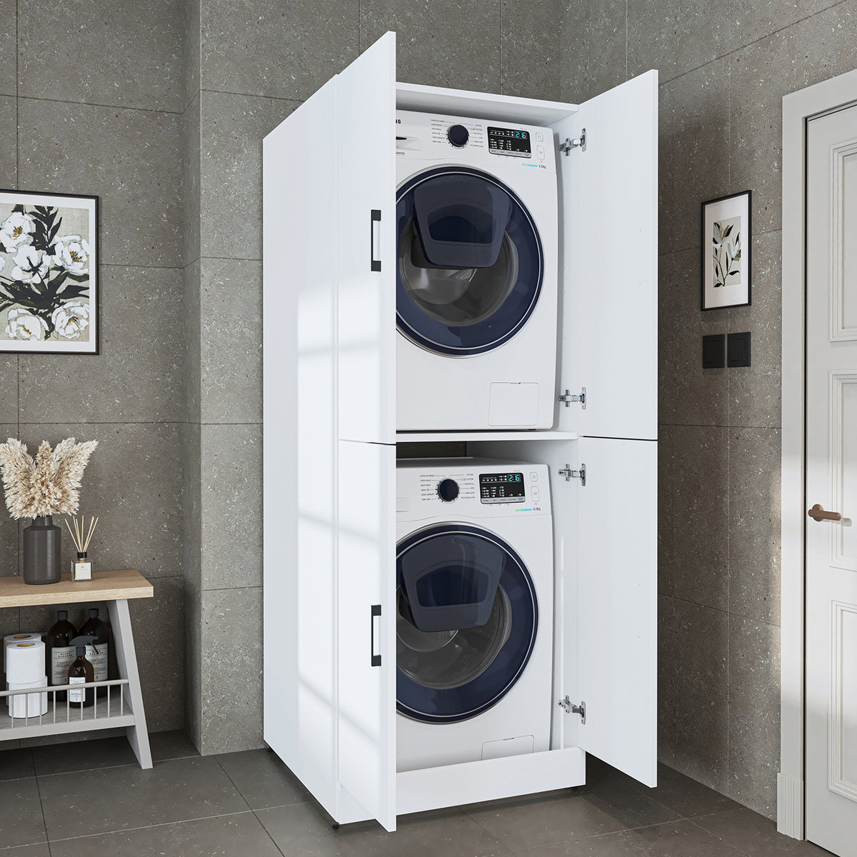 Waschmaschinenschrank DORA-II in Weiß mit Waschmaschine und Trockner