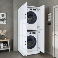 Waschmaschinenschrank DORA-II in Weiß mit Waschmaschine und Trockner