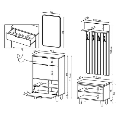 Roomart 4-teiliges Garderobenset NORD, mit Schuhschrank, Sitzbank mit Schuhklappe, Garderobenpaneel 130 cm und Spiegel, in 2 Farben