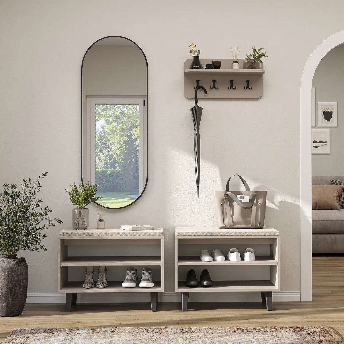 Roomart 4-teiliges Garderobenset NORD, mit 2 offenen Sitzbänken, Wandgarderobe und ovalem Spiegel, in 2 Farben