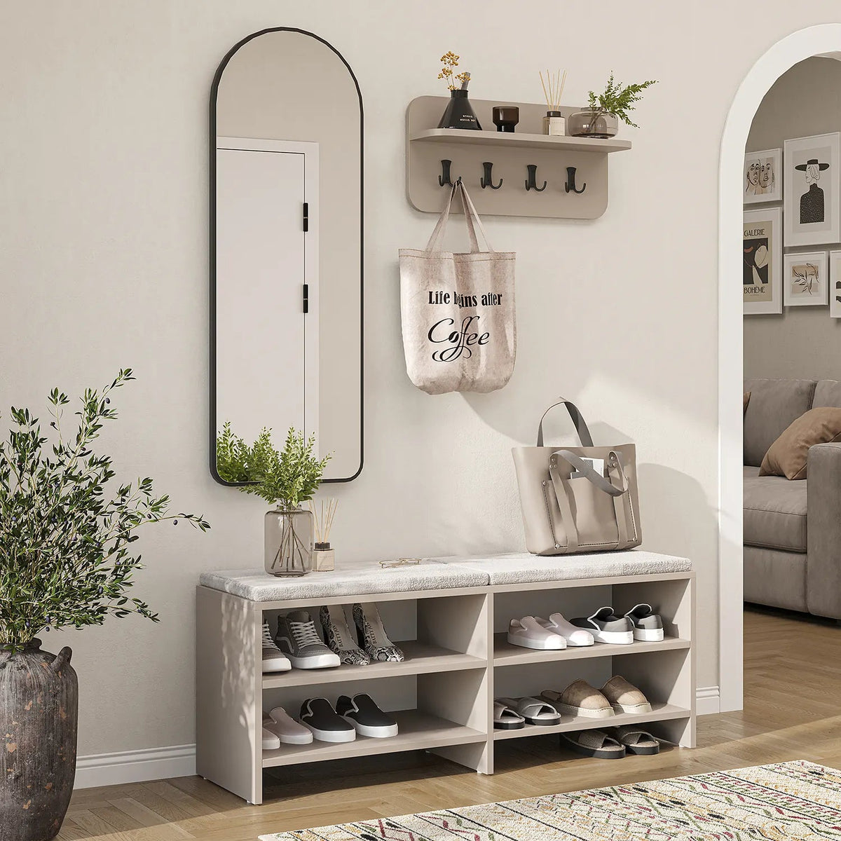 Roomart 3-teiliges Garderobenset LENA, mit Sitzbank 120 cm, Wandgarderobe und Bogenspiegel, in 2 Farben
