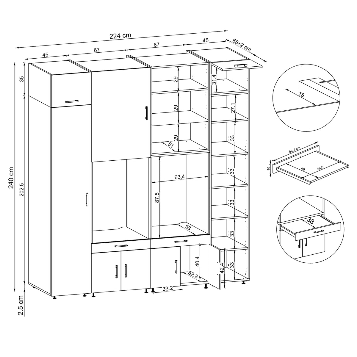 Roomart Waschmaschinenschrank SERIE 3 224 cm, Eiche, 240 cm hoch, technische Zeichnung