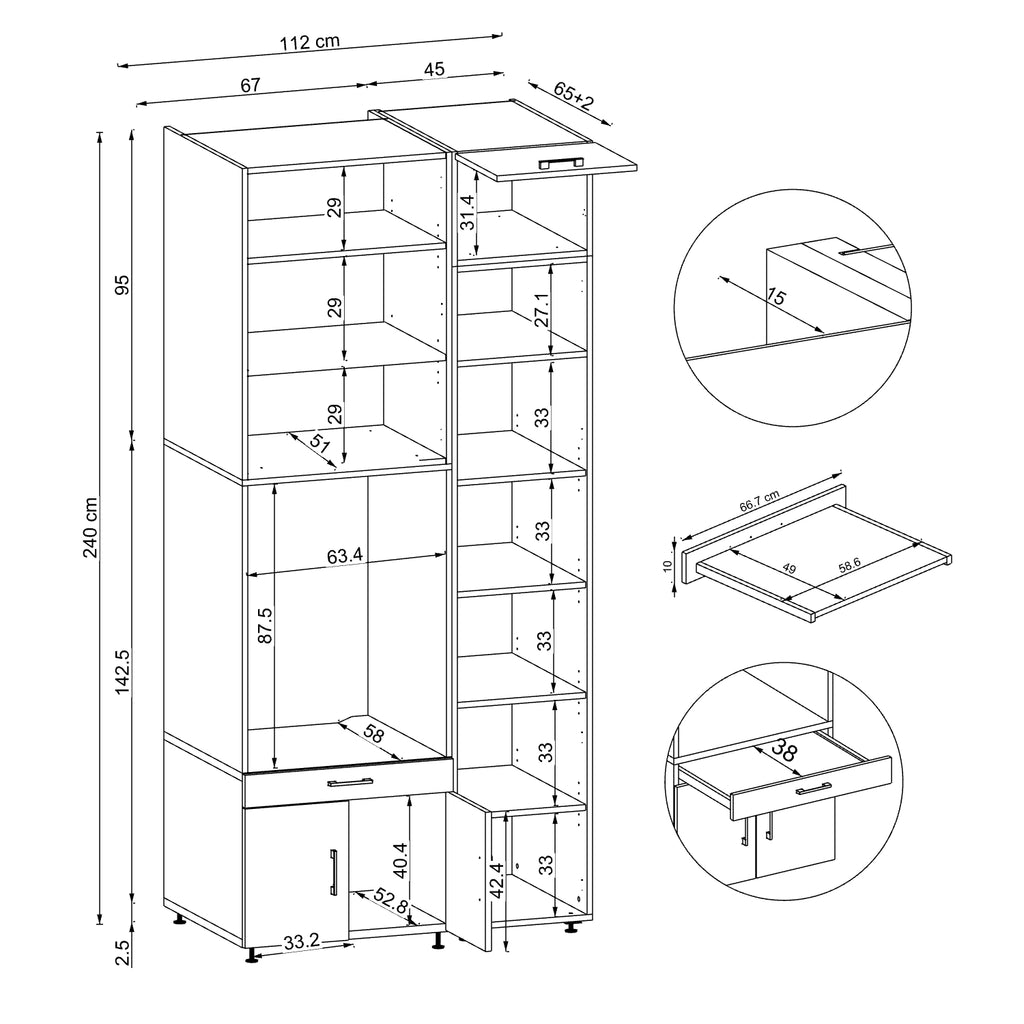 Roomart Waschmaschinenschrank SERIE 3 112 cm, Schwarz-Eiche, 240 cm hoch, technische Zeichnung